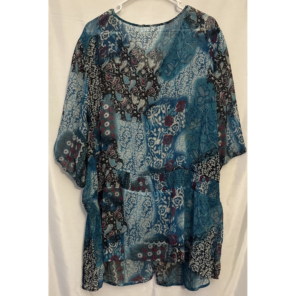 Watercolor Semi Sheer Button Blouse Boho Coastal Lagenlook Beachy Spring 2XL - Picture 3 of 5